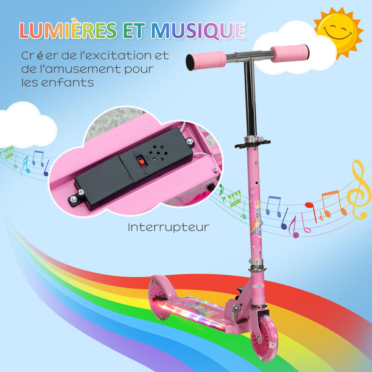 KINDERSCOOTER DE-16943 klappbar mit LED-Rädern & Musik Rosa - Pink, Metall (67/32/78cm) - ComfortXL