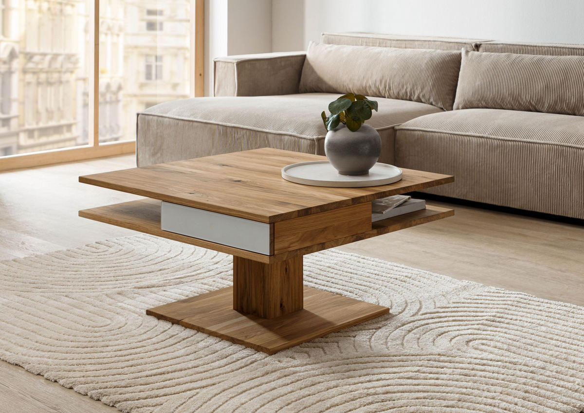 COUCHTISCH Wildeiche 85x85x45 natur geölt / Glas weiß WIEN #100 - Braun, Holzwerkstoff (85/85/45cm) - Massivmoebel24