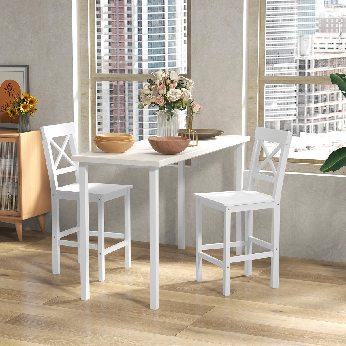 BARHOCKER 2er-Set DE-14738 Landhausstil mit Fußstütze Weiß - Weiß, Holzwerkstoff (46/97.5/41cm) - ComfortXL