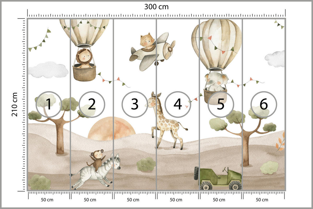 FOTOTAPETA Pre Detskú Izbu Zvieratá Balóny Lietadlá Safari Stromy 300 x 210 cm - hnedá/sivá, papier (300/210cm) - Muralo