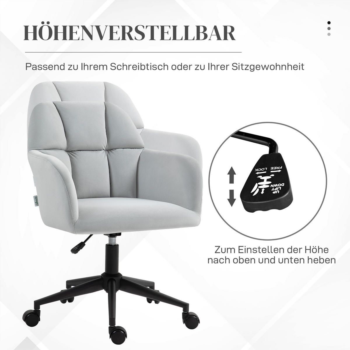 BÜROSTUHL, Höhenverstellbarer Schreibtischstuhl mit Samtoptik, Rückenlehne - Hellgrau, Kunststoff (58.5/86/58cm) - Vinsetto
