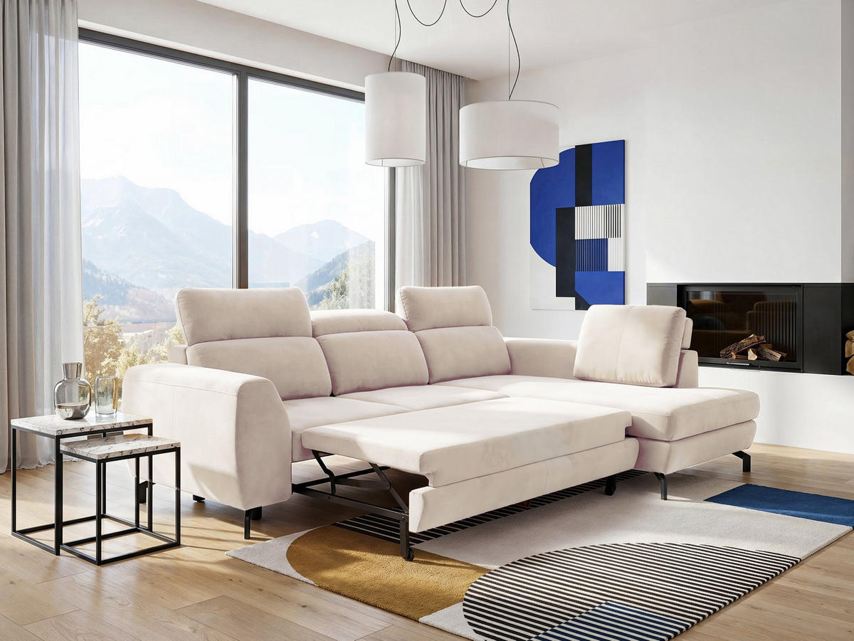ECKSOFA ANTE Rechts, mit Schlaffunktion und Bettkasten, Beige - Beige, Textil/Metall (266/184cm) - Idohome