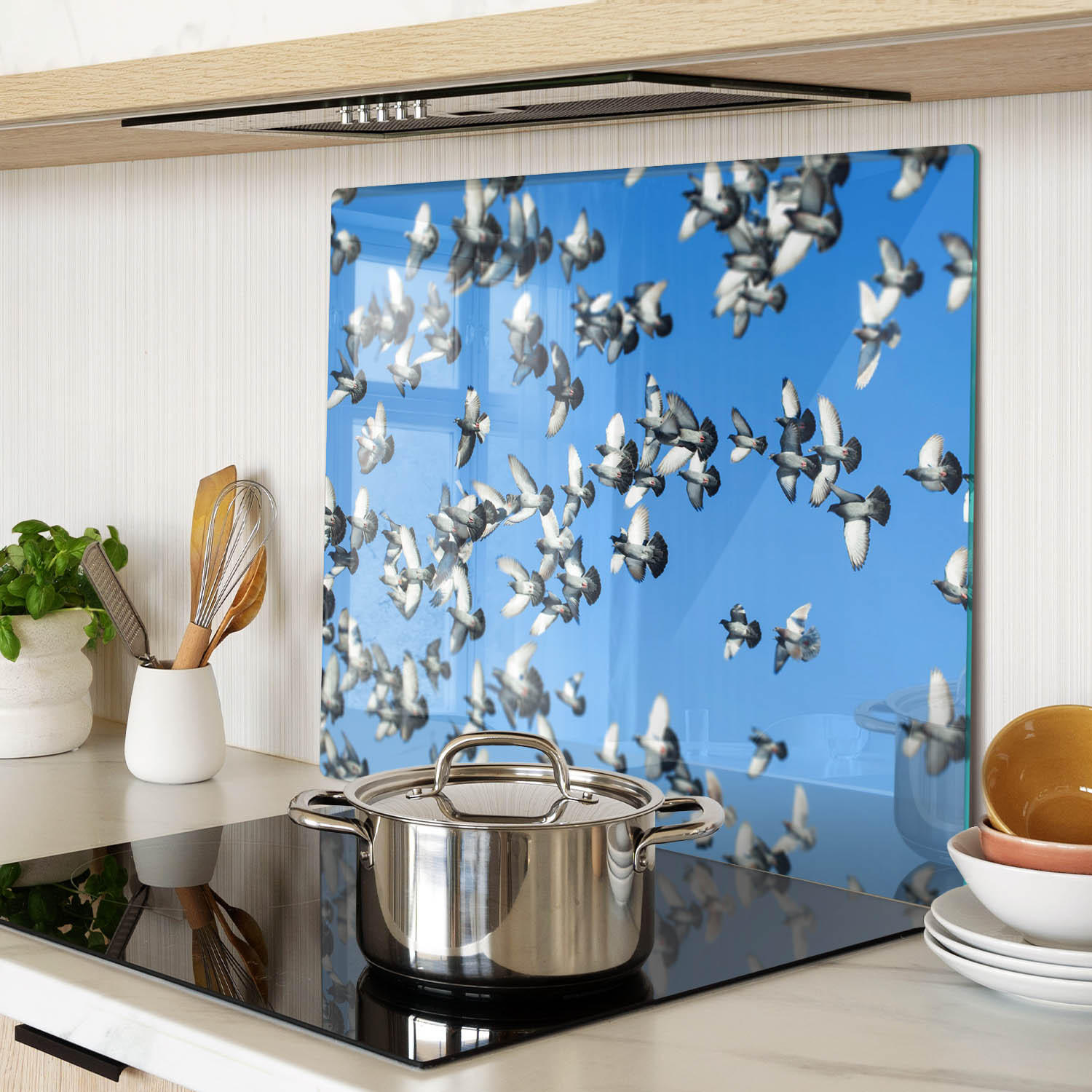 GLASPLATTE 60x52 cm Ein Schwarm Tauben - Weiß, Glas (60/0.4cm) - TULUP