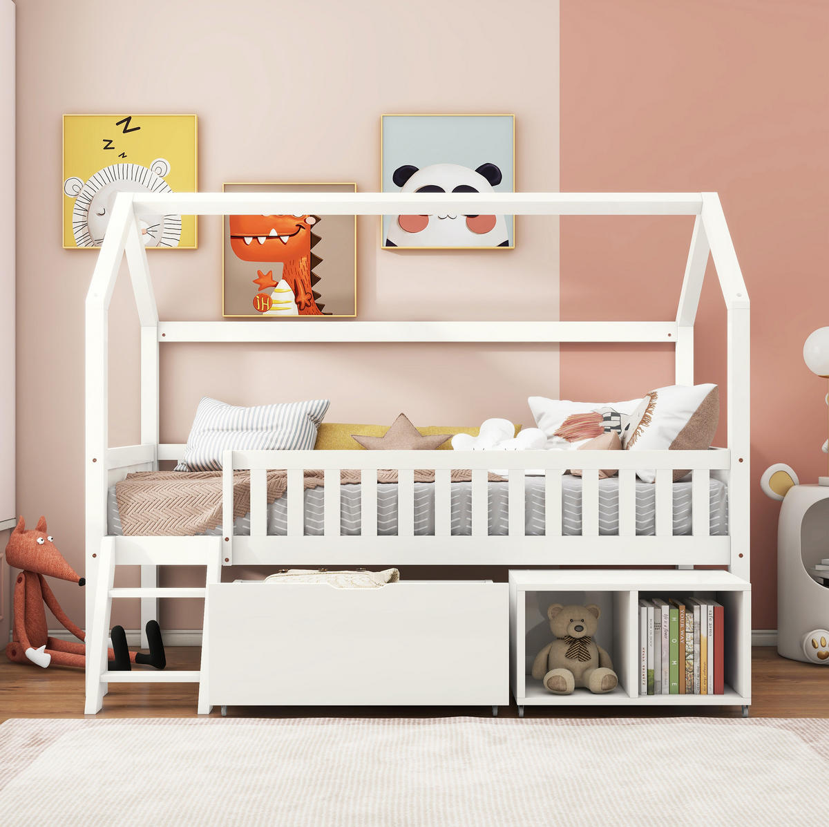 KINDERBETT 90/200 cm im Baumhausstil mit Treppe, Geländer, Schubladen und Schrank aus Kiefern, Weiß - Weiß, Holzwerkstoff (90/200cm) - Redom
