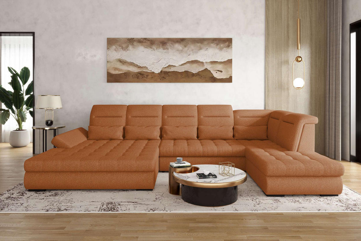 WOHNLANDSCHAFT Toscana Strukturstoff inkl. Schlaffunktion - Rostfarben, Textil (208/87/358cm) - 99rooms