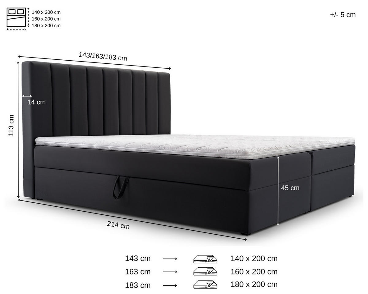 BETT - Boxspringbett 180x200 - 01 Trinity 15 - Graphit - Grau, Holzwerkstoff/Textil (180/200cm) - Möblo