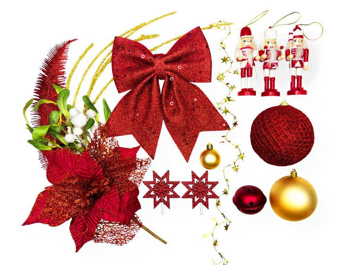 WEIHNACHTSBAUM künstlicher 60 cm mit LED-Beleuchtung, ROTERNUSSKNACKER II, mit 33 Weihnachtsbaumschmuck, Pflanztopf mit Jutesack - Rot/Goldfarben, Kunststoff/Stein (40/60cm) - LAALU