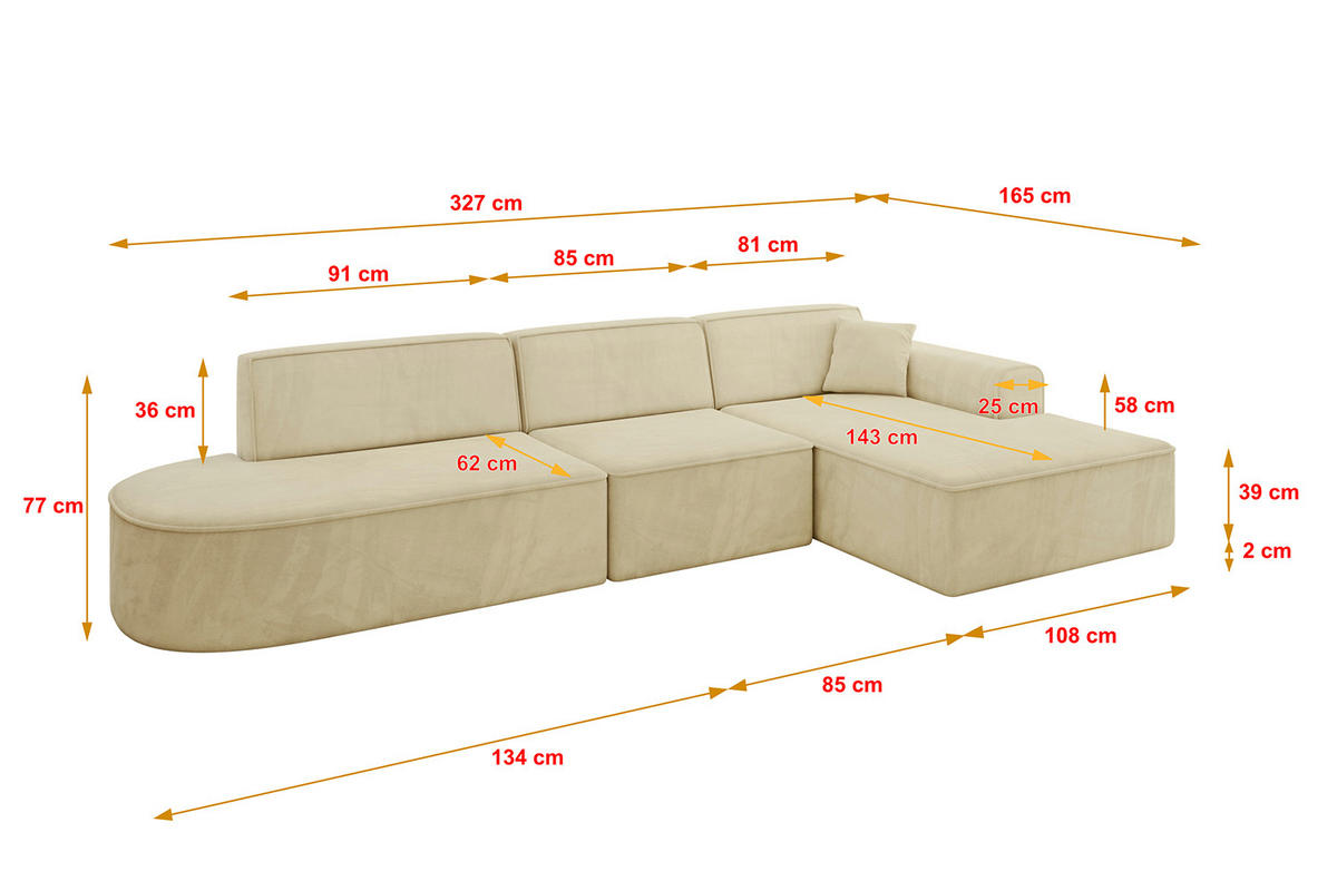 ECKSOFA Ottomane Rechts IREA-L2-v3 - 327x165x77 cm Beige - Taupe, Holzwerkstoff/Textil (327/165cm) - ALTDECOR