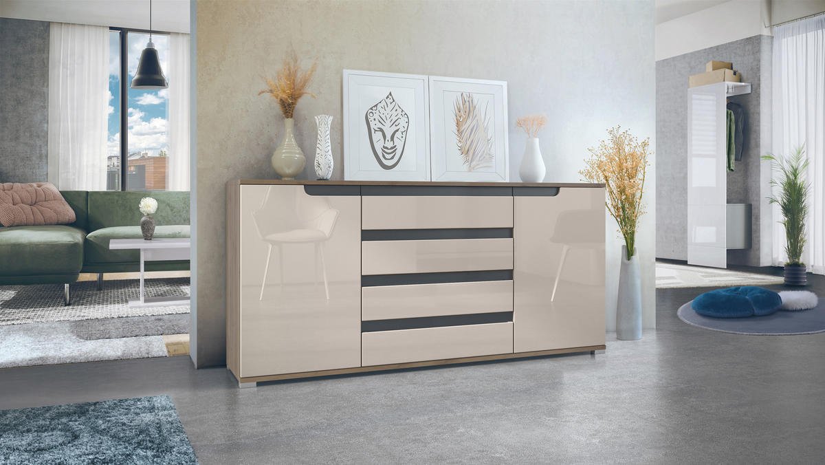 SIDEBOARD Sylt Sandgrau Hochglanz / Anthrazit matt - Sandfarben, Holzwerkstoff (166.5/75.5/35cm) - Vladon