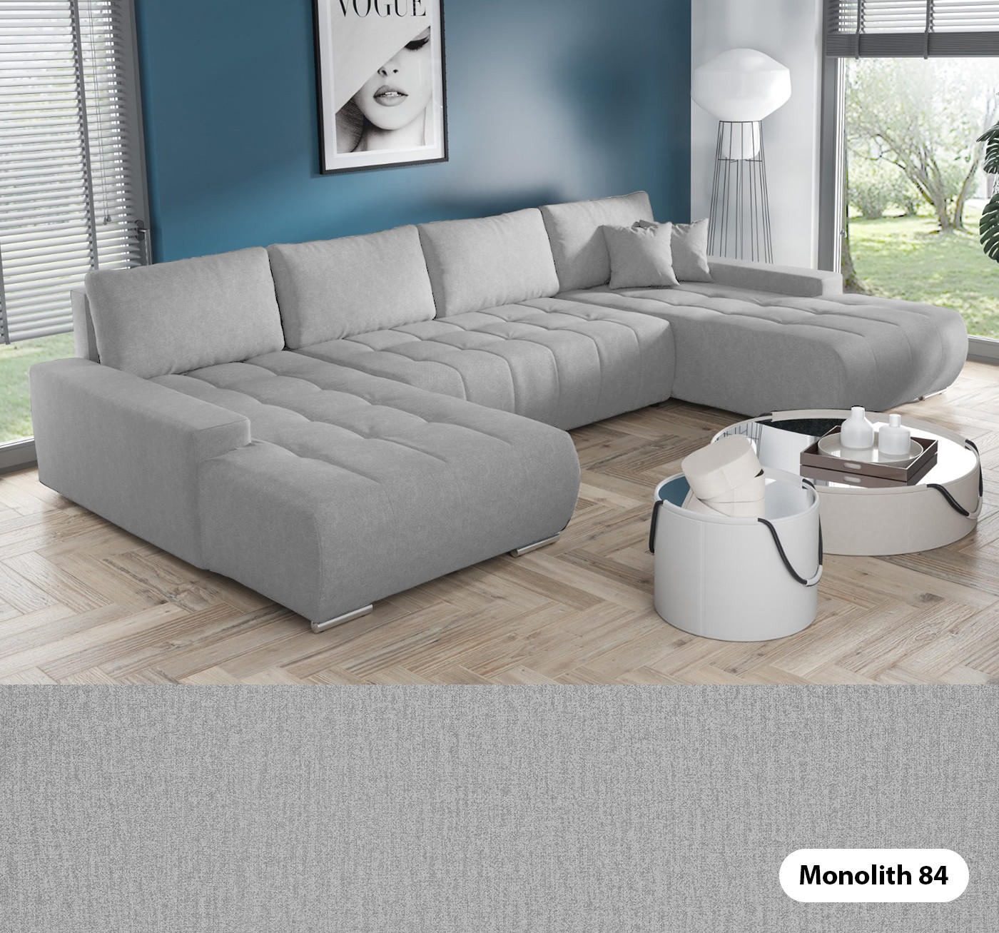 ECKSOFA U Form Bonari U, Hellgrau - Silberfarben, Textil (185/85/350cm) - Meblito