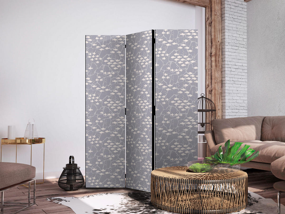 PARAVENT Beidseitig Bedruckter 3-tlg 135x172 cm Fischschwarm Boho Stil - Grau, Holz/Textil (135/172/3cm) - Muralo