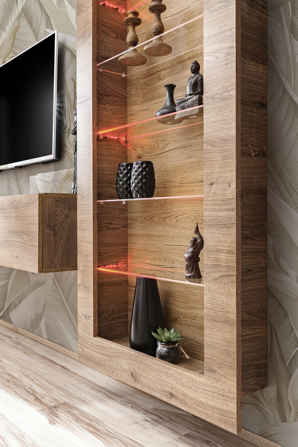 HÄNGEVITRINE COMO, sechs Glasböden, LED mehrfarbige Beleuchtung, Honigeiche/Trüffeleichefarben - Honigeiche/Trüffeleichefarben, Glas/Holzwerkstoff (71/178/19cm) - Komodee