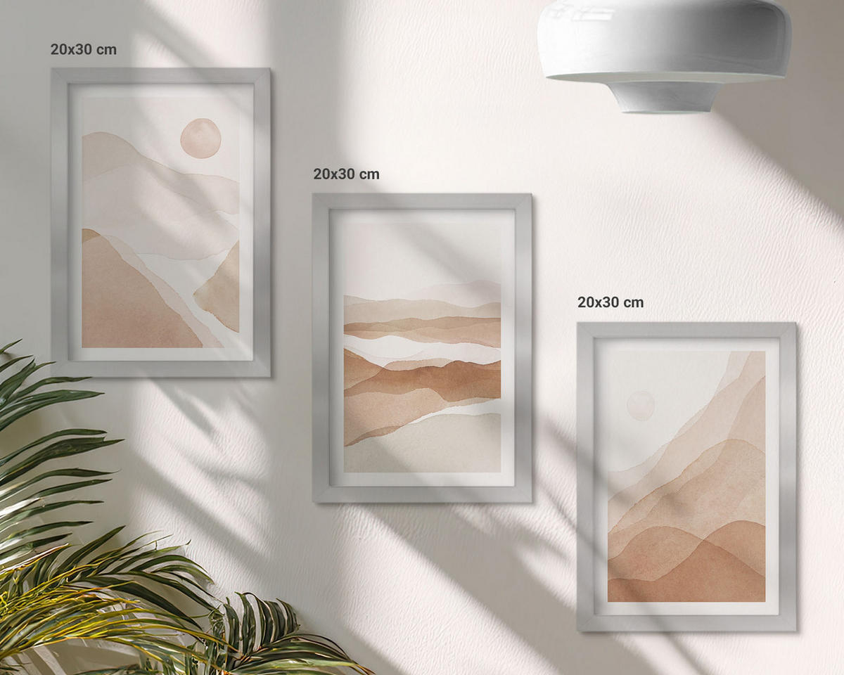 WANDBILDER 3er Set - 20x30 cm Silberner Rahmen - Abstrakte braune Landschaften - Silberfarben, Kunststoff (20/30cm) - ArtPrintCave