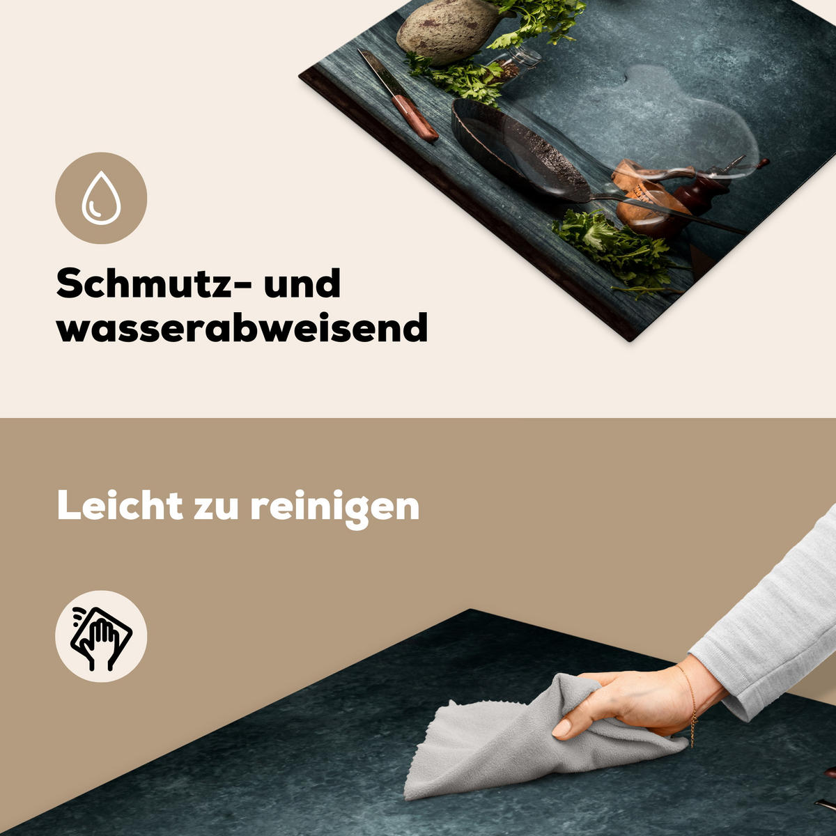 HERDABDECKPLATTE Kräuter - Gewürze - Pfanne - Messer - Grau - Rustikal Abdeckung Ceranfeld 57.6x51.6 cm - Petrol, Kunststoff (57.6/51.6/0.2cm) - MuchoWow