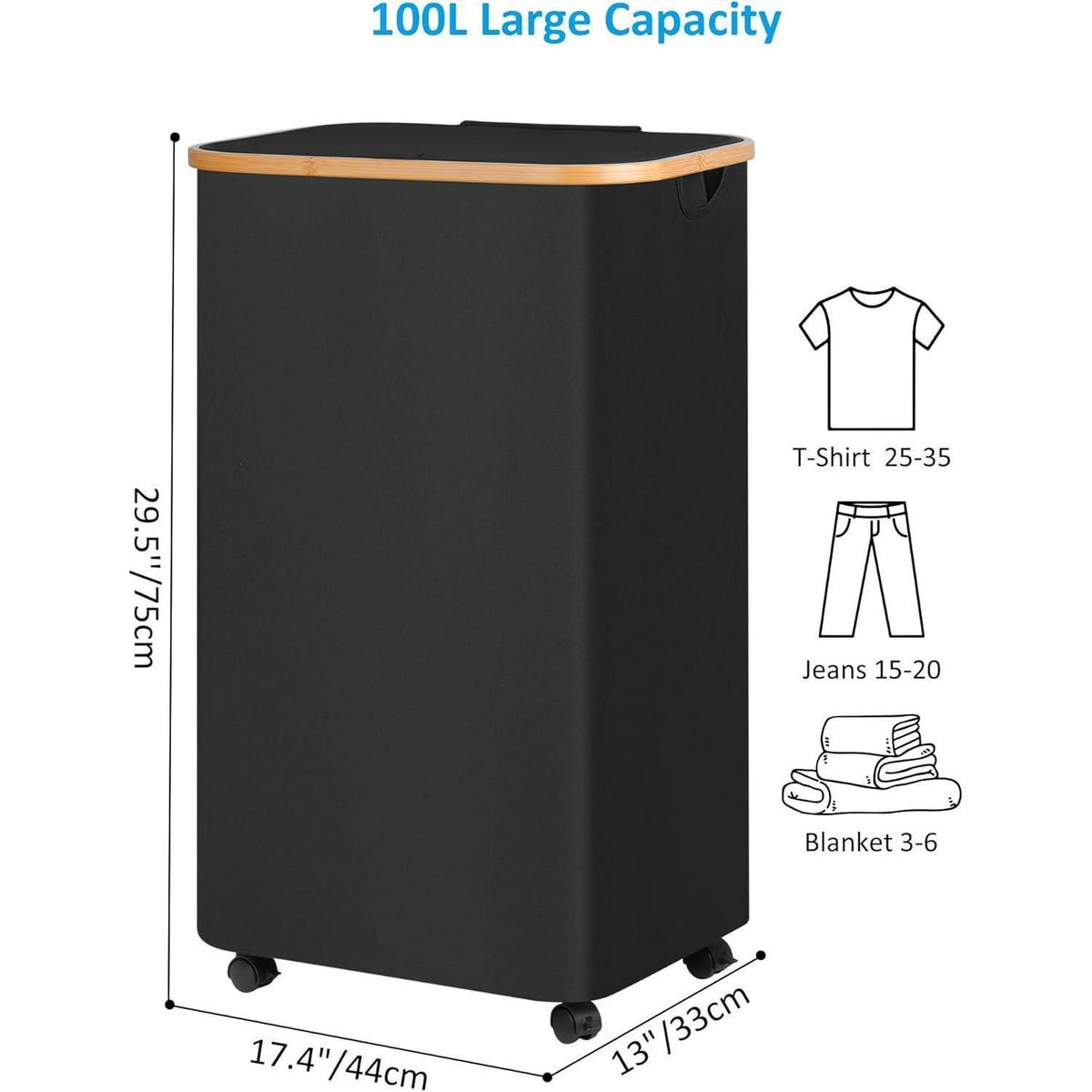 WÄSCHEKORB mit Rollen 100L Schwarz - Schwarz, Textil (33/75/44cm)