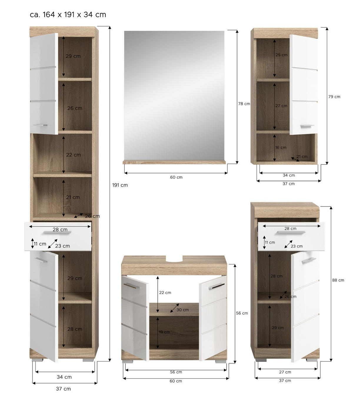 BADMÖBEL-SETWEISS Hochglanz, Eiche 5-teilig 164 cm, Komplettset mit viel Stauraum - Weiß Hochglanz/Eichefarben, Holzwerkstoff (164/191/34cm) - Inn.Furn