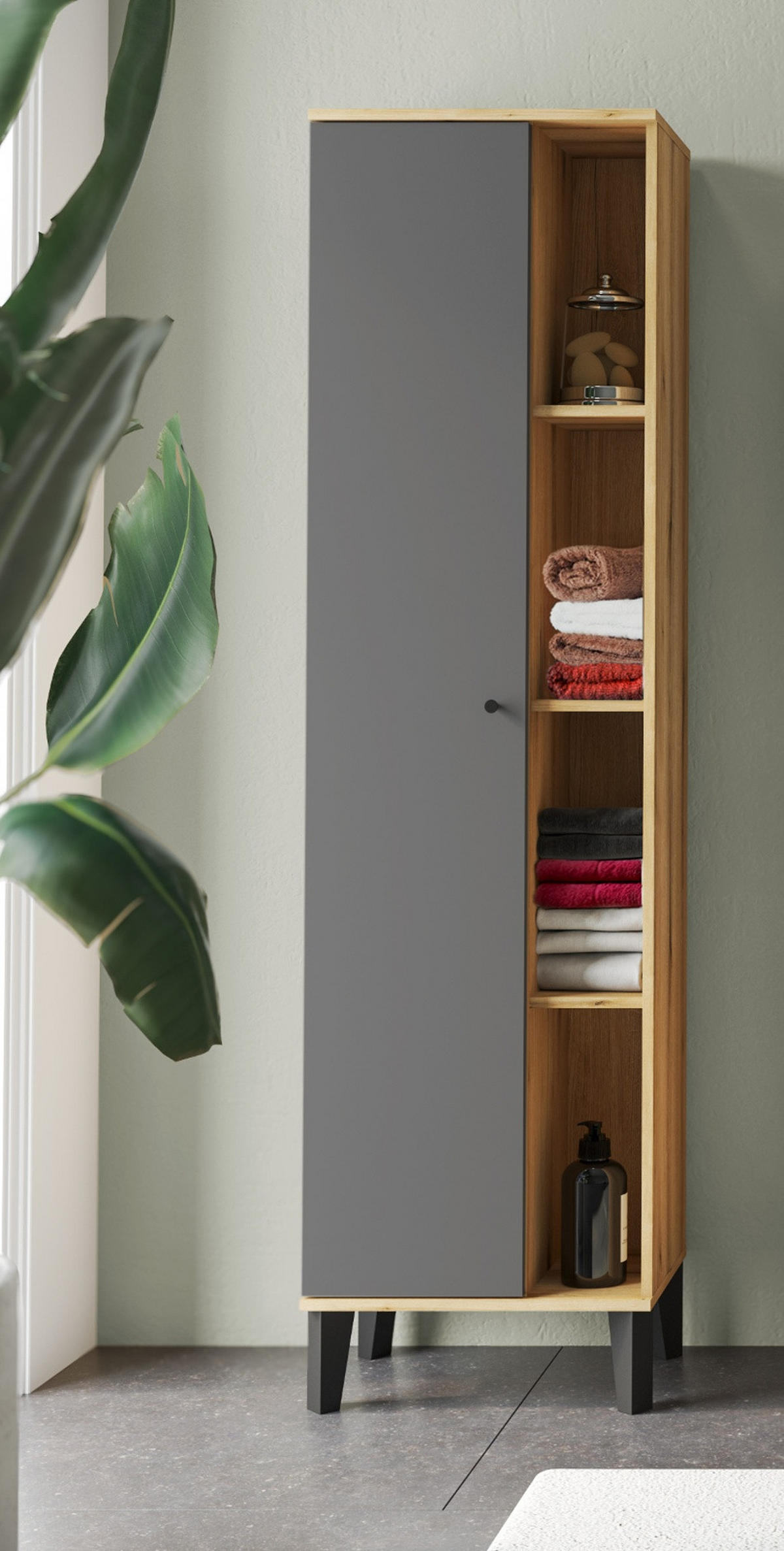 BAD-HOCHSCHRANK grau, Evoke Eiche, Badschrank, 51 x 190 cm - Eichefarben/Schwarz, Holz/Holzwerkstoff (51/190/33cm) - Furn.Design