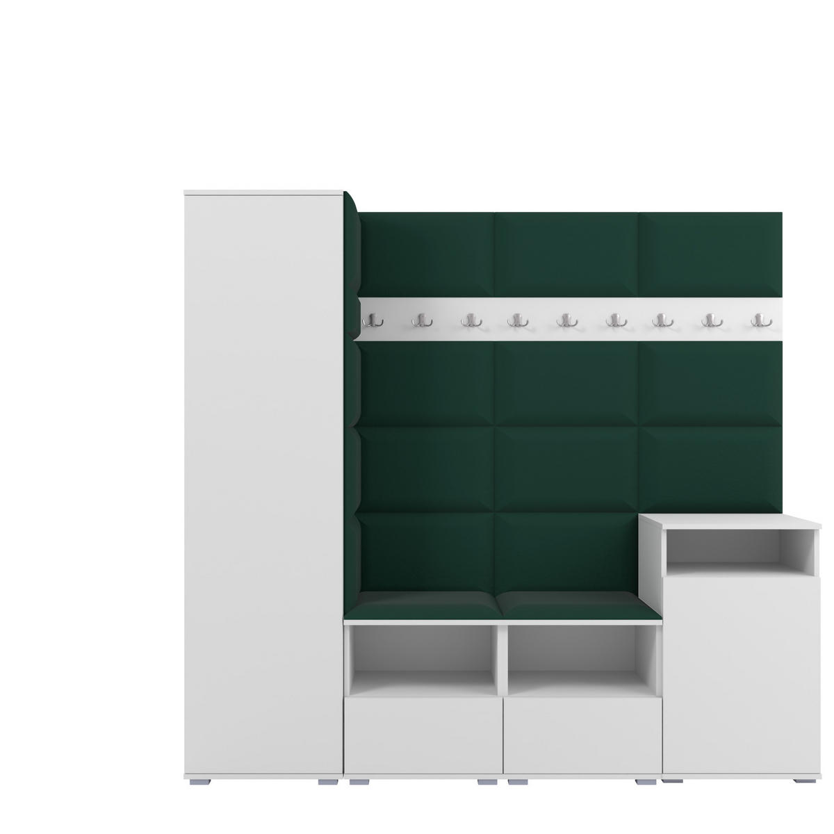 GARDEROBE NELA X 200 cm (Modulare Flurmöbel Weiß mit Sitzpolster Flaschengrün 28 Schrank + Sideboard) - Dunkelgrün/Silberfarben, Holz/Holzwerkstoff (200/187/40cm) - Ravio