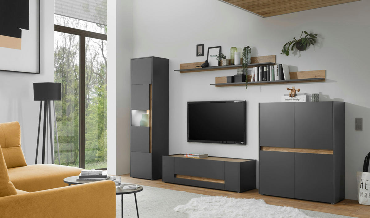 HIGHBOARD grau matt, Eiche Wotan 100 cm, Kommode 4-türig - Eiche Wotan/Grau, Holzwerkstoff/Kunststoff (100/120/40cm) - Furn.Design
