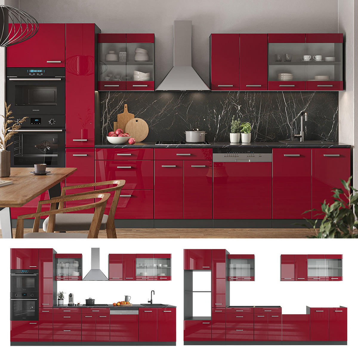 KÜCHENZEILE R-Line Rot Hochglanz/Anthrazit 350 cm mit Hochschrank, ohne Arbeitsplatte - Anthrazit/Rot, Holzwerkstoff (350/81.6/46cm) - Vicco