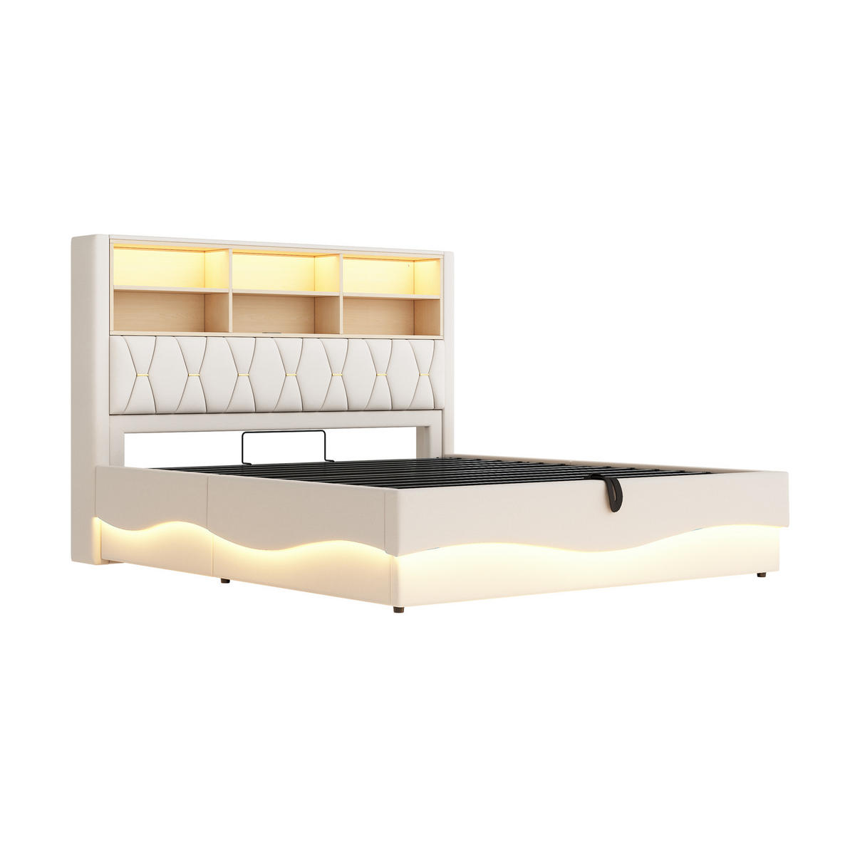 POLSTERBETT 180/200 cm mit hydraulischem Stauraum und LED-Beleuchtung - Beige, Metall (180/200cm) - OKWISH