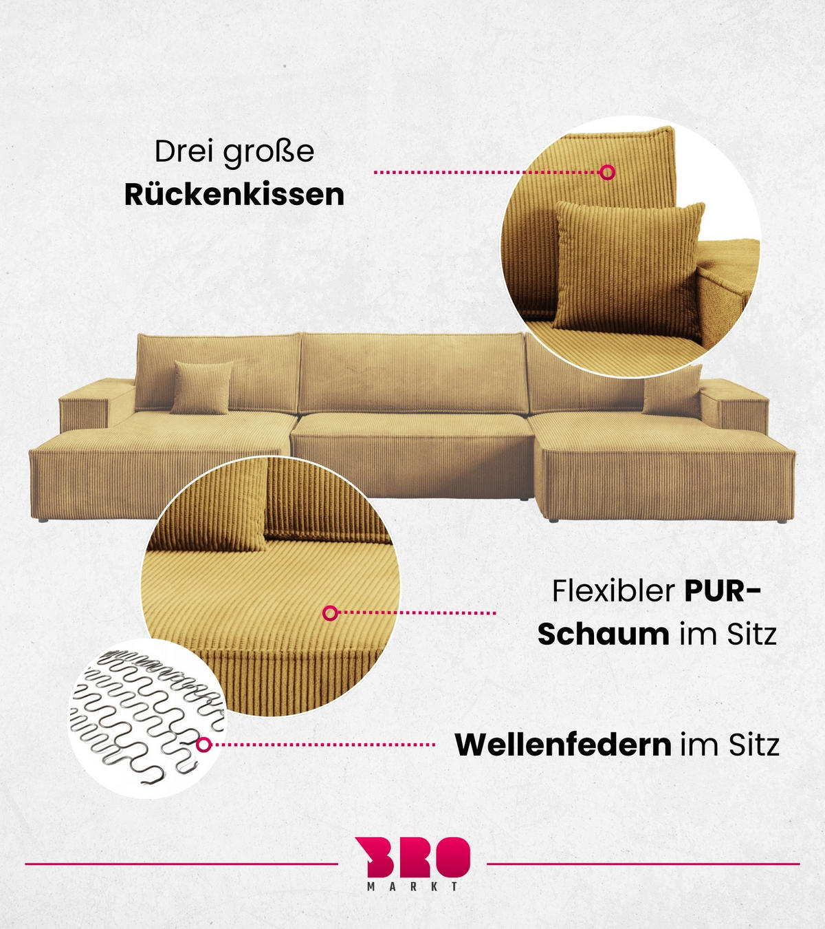 WOHNLANDCHAFT Pablo U mit Schlaffunktion Gelb Cord - Gelb, Textil (398/85/148cm) - Bromarkt