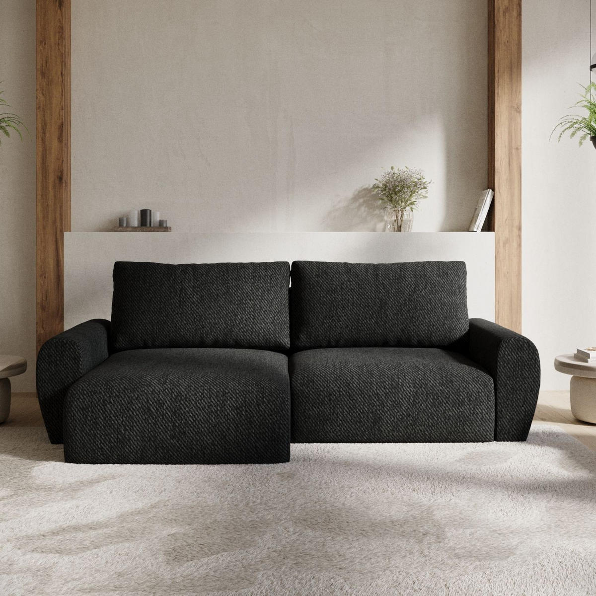 ECKSOFA OMARI mit Schlaffunktion Schwarz im Neve Stoff - Schwarz, Holz/Holzwerkstoff (253/153cm) - AltaBeds