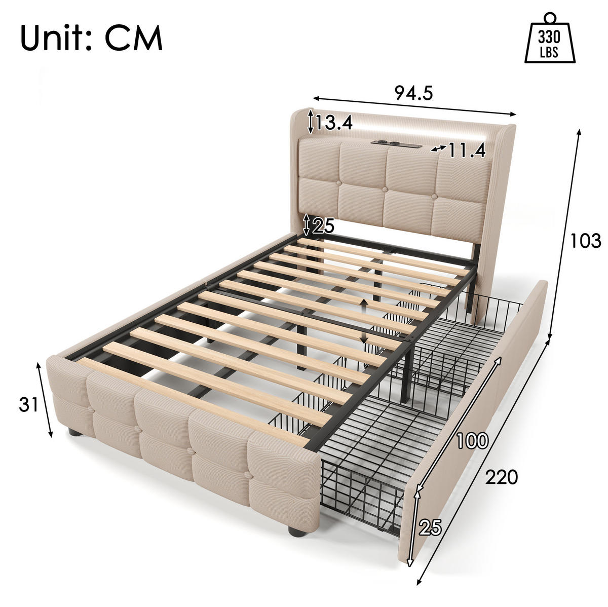 POLSTERBETT 90/200 cm Beige aus Holz mit LED, USB und 2 Schubladen - Beige, Holzwerkstoff (90/200cm) - OKWISH