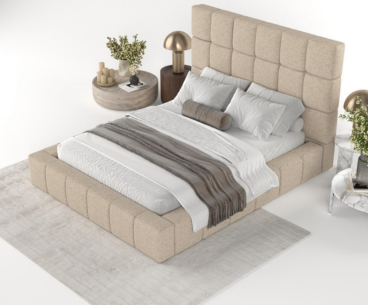 POLSTERBETT Skiathos mit Stauraum 180/200 cm Hellbeige im Bubble Stoff - Sandfarben/Schwarz, Holz/Holzwerkstoff (180/200cm) - AltaBeds