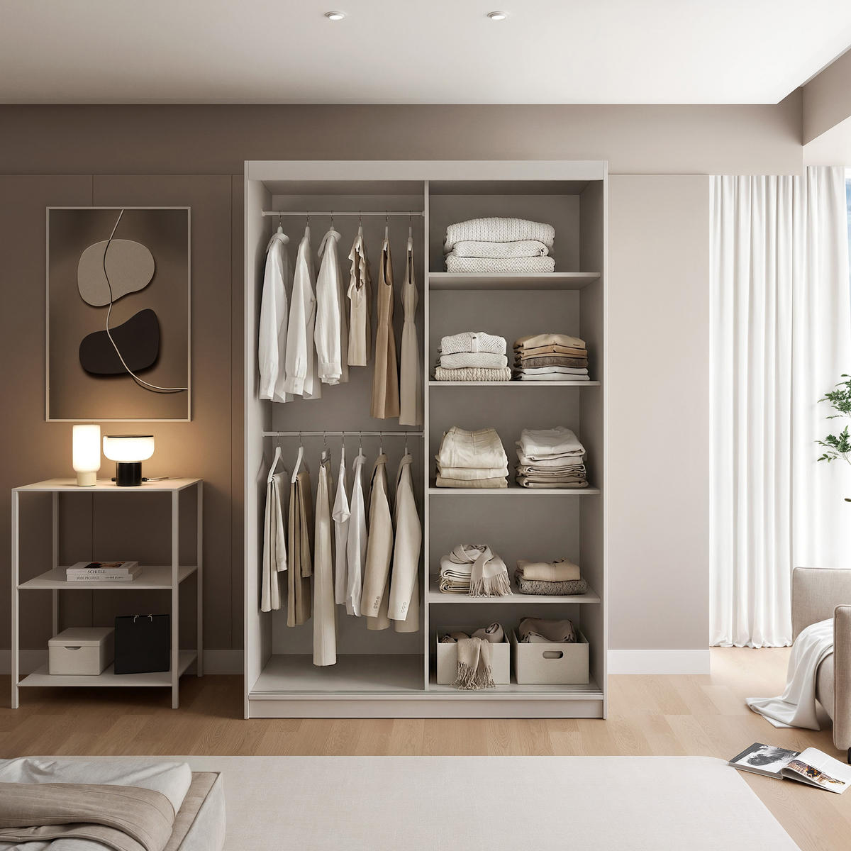 SCHIEBETÜRENSCHRANK SILENTE 140 cm mit Einlegeböden und Kleiderstange - Beige, Holzwerkstoff (140/205/60cm) - Idohome