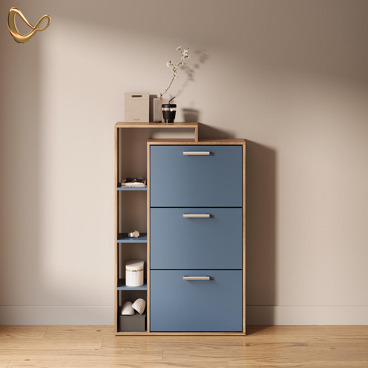 SCHUHKIPPER Ortello Goldkraft Eiche/Blau 80 x 128.3 cm mit 3 Fächern - Eichefarben/Dunkelblau, Holzwerkstoff (80/128.3/24.2cm) - Livinity®