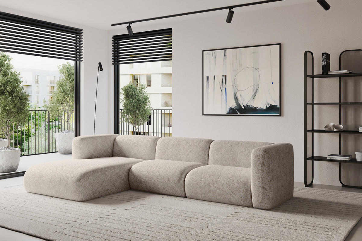ECKSOFA Ottomane Links MIRA-L1 227x179x89 Beige Velours - Beige/Schwarz, Holzwerkstoff/Kunststoff (227/179cm) - ALTDECOR
