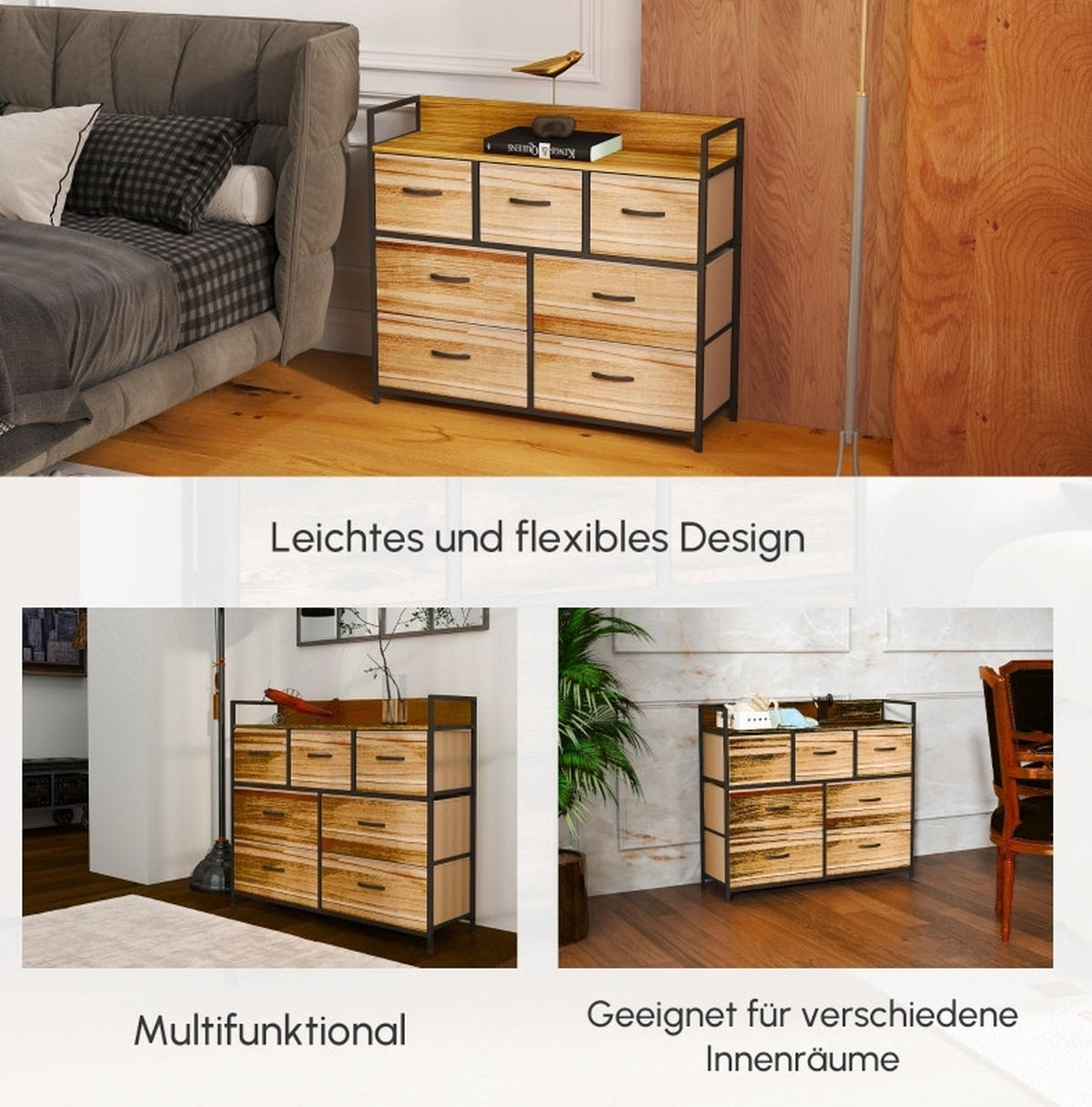 KOMMODE 98/29/85 cm aus Polyester, Stahl & MDF mit 7 Stoffschubladen Braun - Braun, Holzwerkstoff (98/85/29cm) - Modenvie