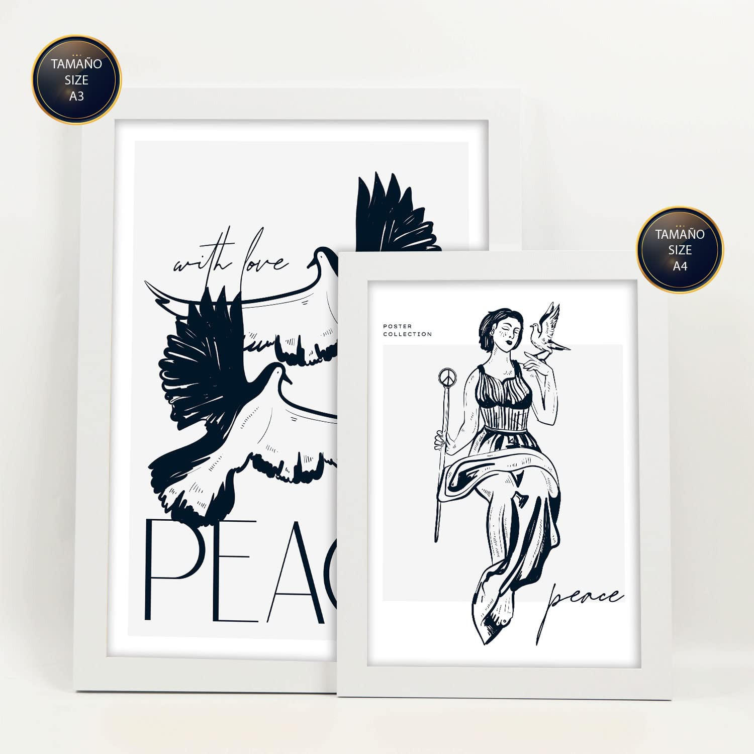 POSTER Set Mit 6 In Schwarzer Tinte Friedenstauben Kunstdrucke Von Meer Und Ozean Für Innenarchitektur A3 & A4 Weißer Rahmen - Weiß, Papier (29/3cm) - Nacnic