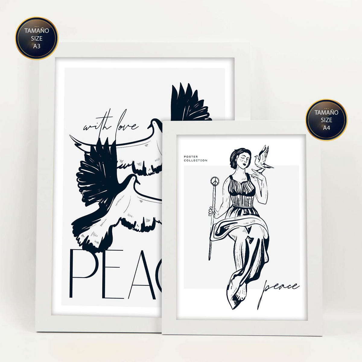 POSTER Set Mit 6 In Schwarzer Tinte Friedenstauben Kunstdrucke Von Meer Und Ozean Für Innenarchitektur A3 & A4 Weißer Rahmen - Weiß, Papier (29/3cm) - Nacnic