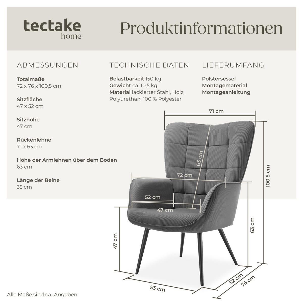 SESSEL Hygge,72 x 76 x 100,5 cm,Feincord anthrazit/schwarz - Anthrazit/Schwarz, Kunststoff (72/100.5/76cm) - tectake