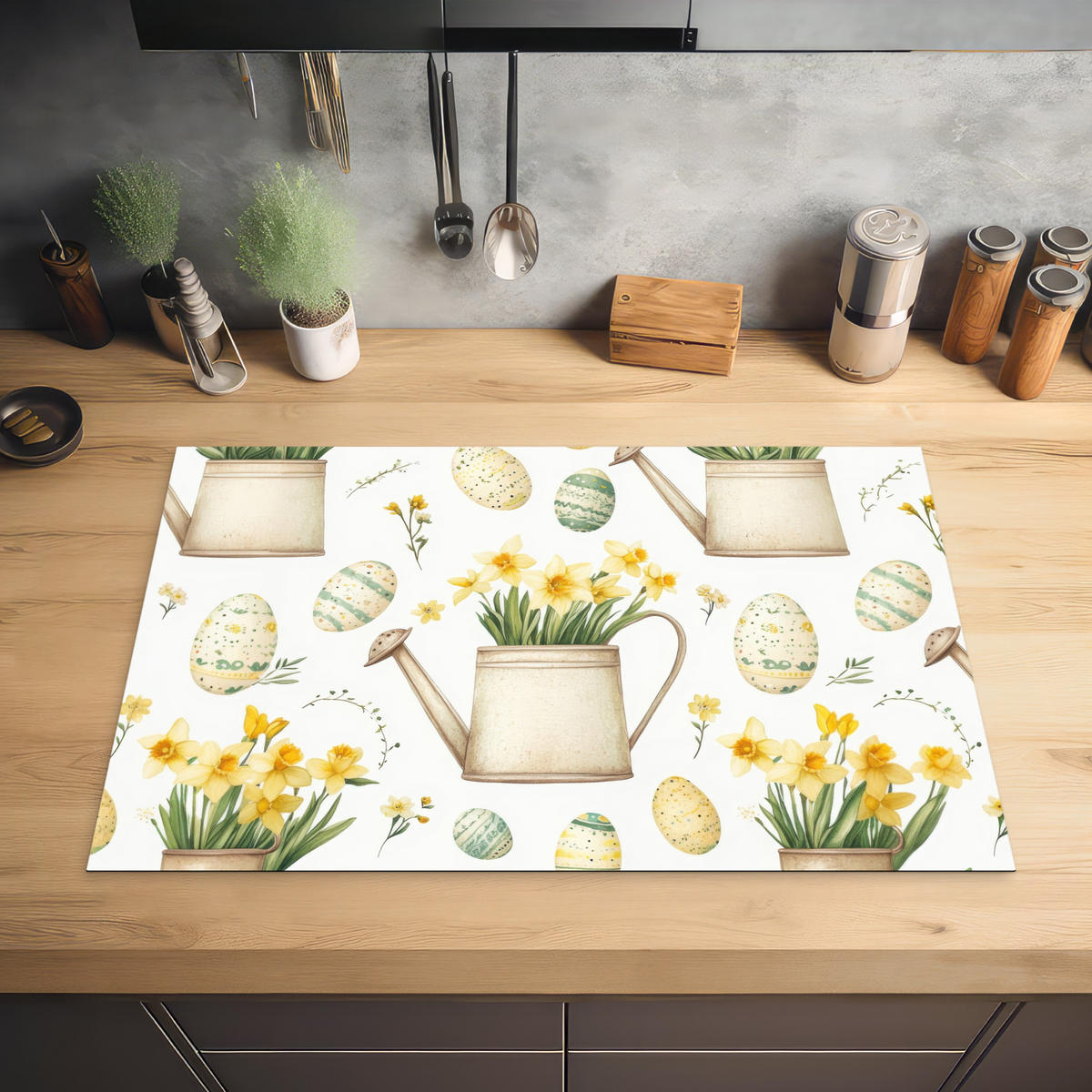 HERDABDECKPLATTE Gießkanne - Blumen - Eier Ceranfeldabdeckung 80x52 cm - Weiß, Kunststoff (80/52/0.2cm) - MuchoWow