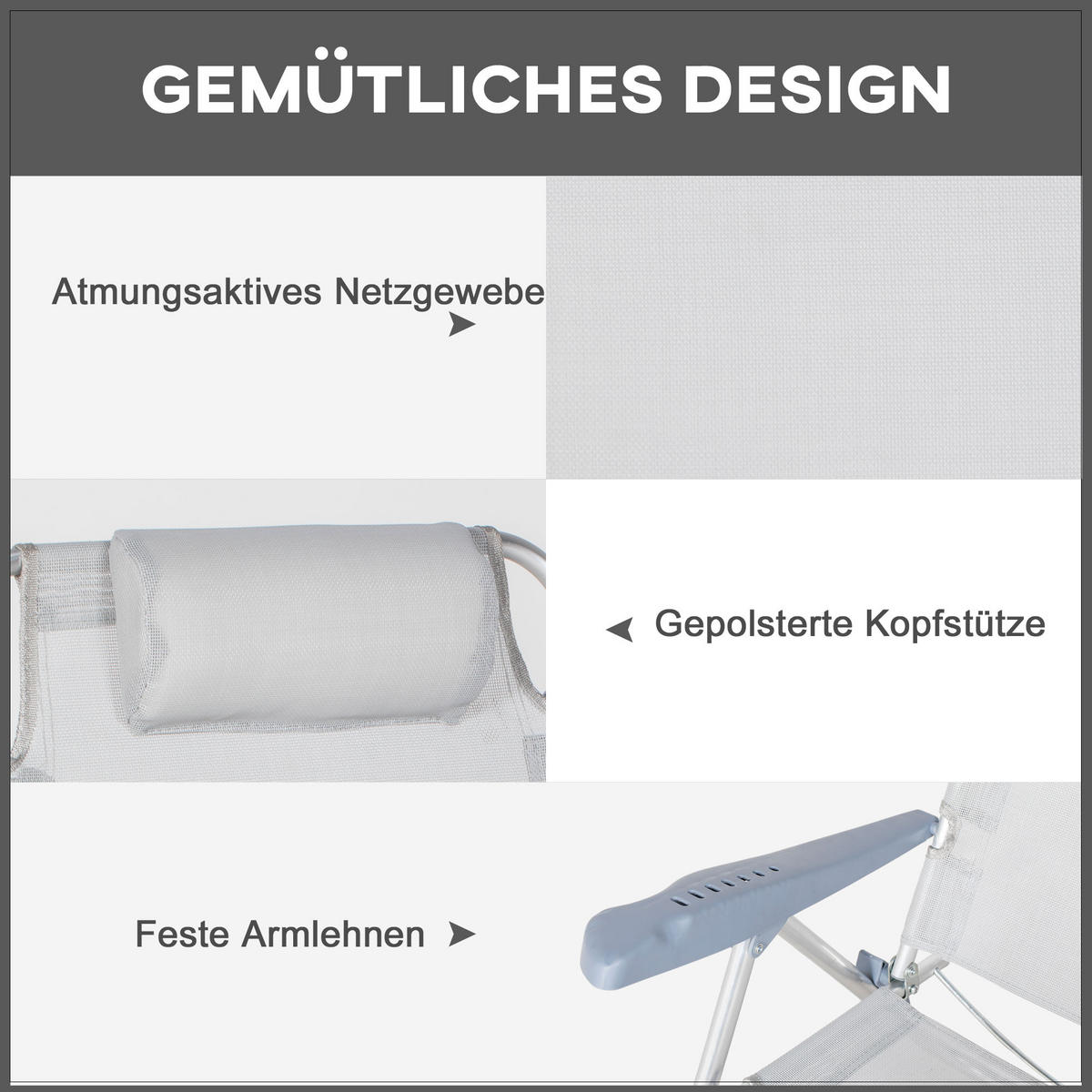 STRANDSTUHL 2er Set Aluminium Mesh-Gewebe Hellgrau - Hellgrau, Textil/Metall (62/80/65cm) - Outsunny