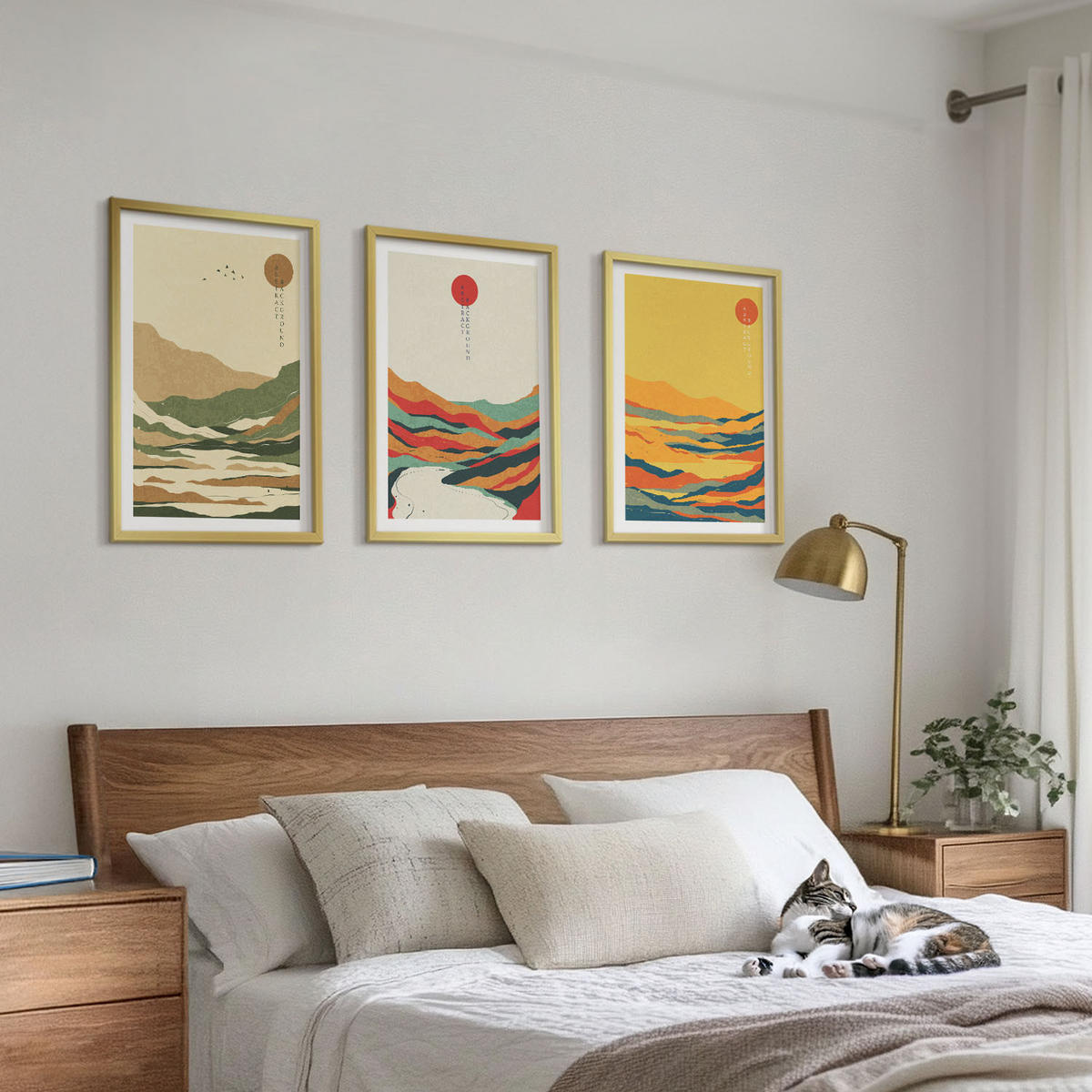 BILDER SET 3er Set - 40x60 cm Goldrahmen - Farbenfrohe Muster der Japandi-Flussberge - Goldfarben, Kunststoff (40/60cm) - TULUP