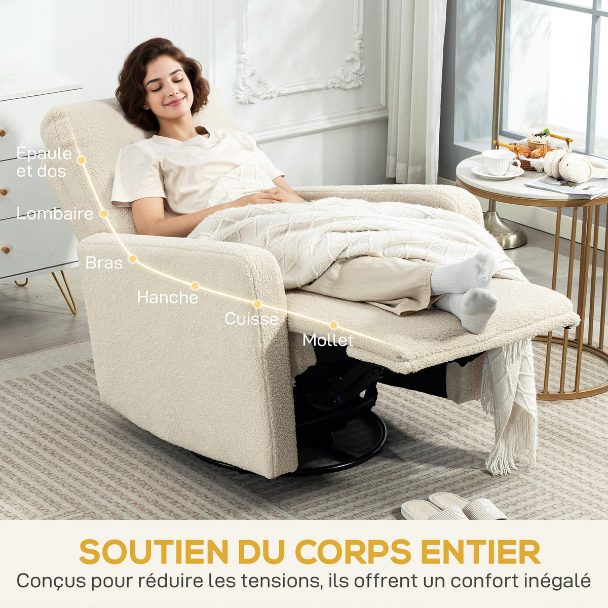 RELAXSESSEL, 360° drehbar, neigbar, Fußstütze, 76x94x100cm, bequem, Beige - Multicolor, Holzwerkstoff (94/100/76cm) - FORIOUS