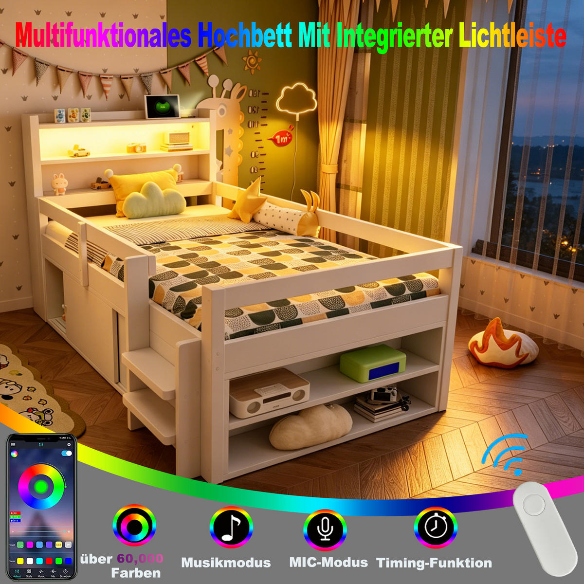 KINDERBETT 90/200 cm in Weiß Holz mit Stauraum, LED und USB - Weiß, Holz/Holzwerkstoff (90/200cm) - WISHDOR