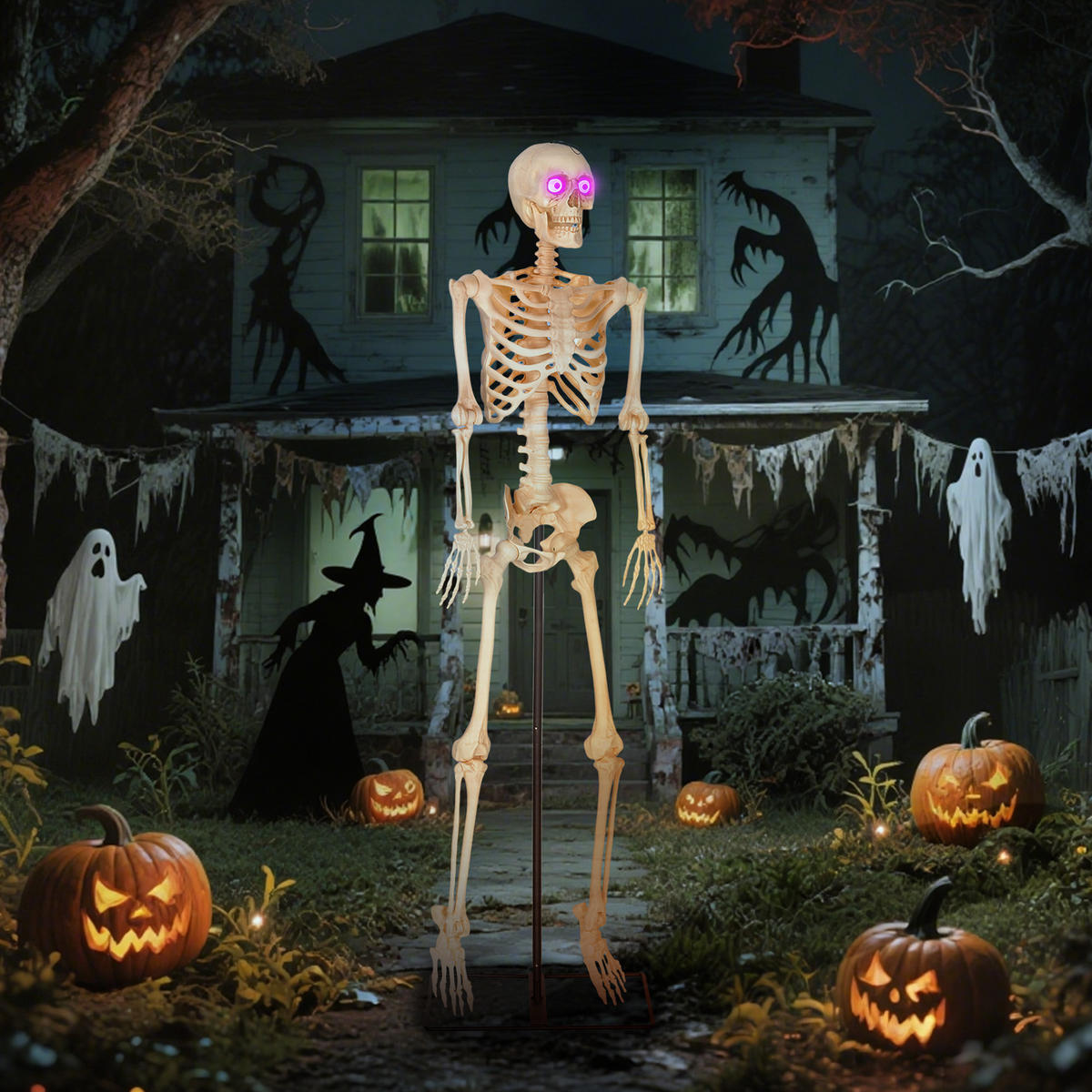 HALLOWEEN-DEKORATION Skelett 152 cm bewegliche Gelenke Beleuchtung - Gelb, Metall (17/152/47cm) - Outsunny