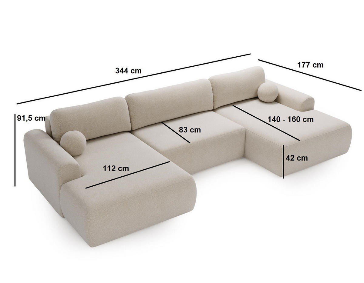 WOHNLANDSCHAFT Aurora Weiß, mit Schlaffunktion in Lambi Stoff - Weiß, Holzwerkstoff/Textil (344/92/177cm) - Bettso