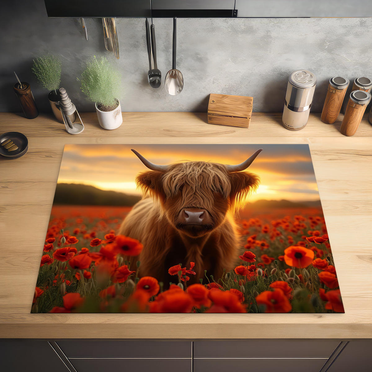 HERDABDECKPLATTE Schottische Highlander - Rosen - Blumenfeld - Sonnenuntergang Induktionsmatte 77x59 cm - Rotbraun, Kunststoff (77/59/0.2cm) - MuchoWow