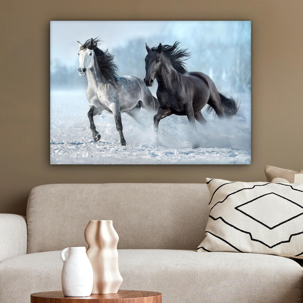 LEINWANDBILD Pferde - Winter - Tiere - Natur - Schnee Wandbilder 80x60 cm - Anthrazit, Textil (80/60cm) - MuchoWow