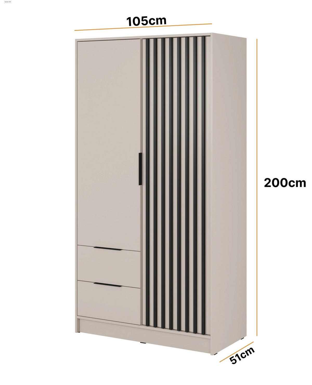 KLEIDERSCHRANK Stilo in Kaschmirfarbe, zweitürig, mit Schubladen und Lamellen an der Vorderseite - Kaschmir/Schwarz, Holzwerkstoff/Kunststoff (105/200/51cm) - Ravio