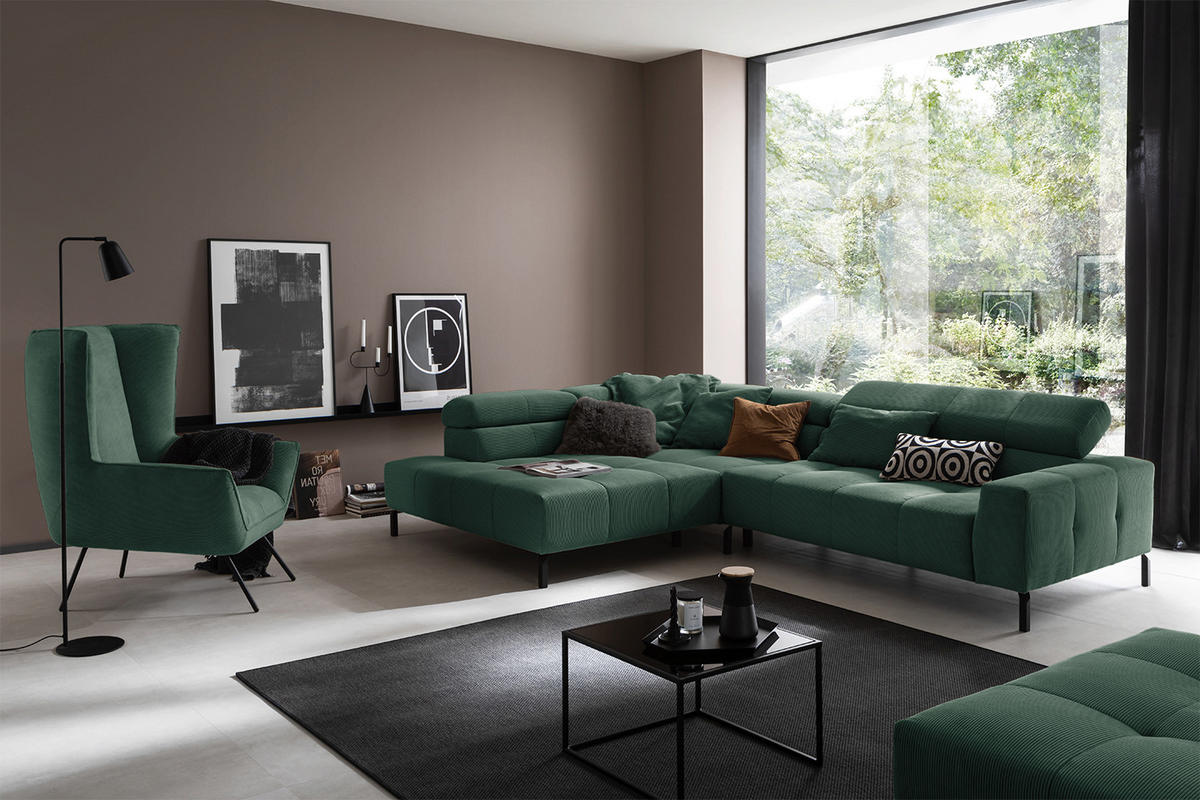 ECKSOFA MIT MOTORISCHEM SITZVORZUG OHIO Smaragdgrün Cord - Smaragdgrün/Schwarz, Textil/Metall (311/219cm) - KAWOLA