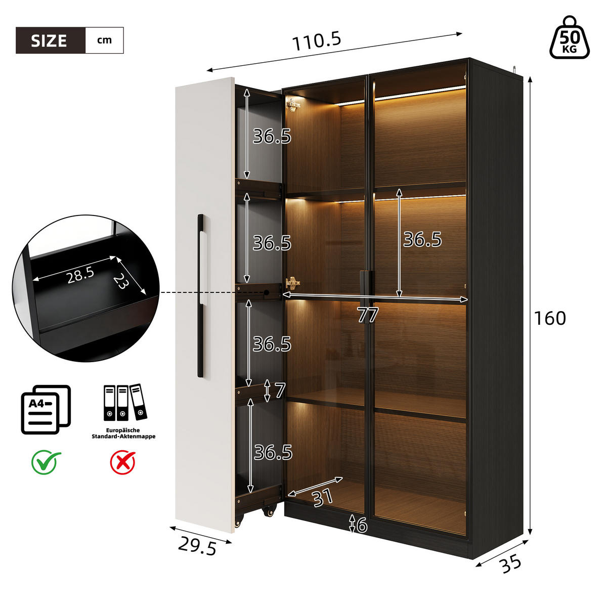 VITRINE 110cm Weiß Schwarz Glas LED Rollschrank modern - Schwarz, Holzwerkstoff (110/160/35cm) - FLIEKS
