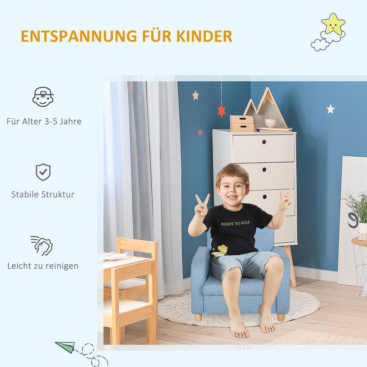 KINDERSOFA, Blau, Holz, Leinen - Blau, Holz (45/44.5/49cm) - HOMCOM