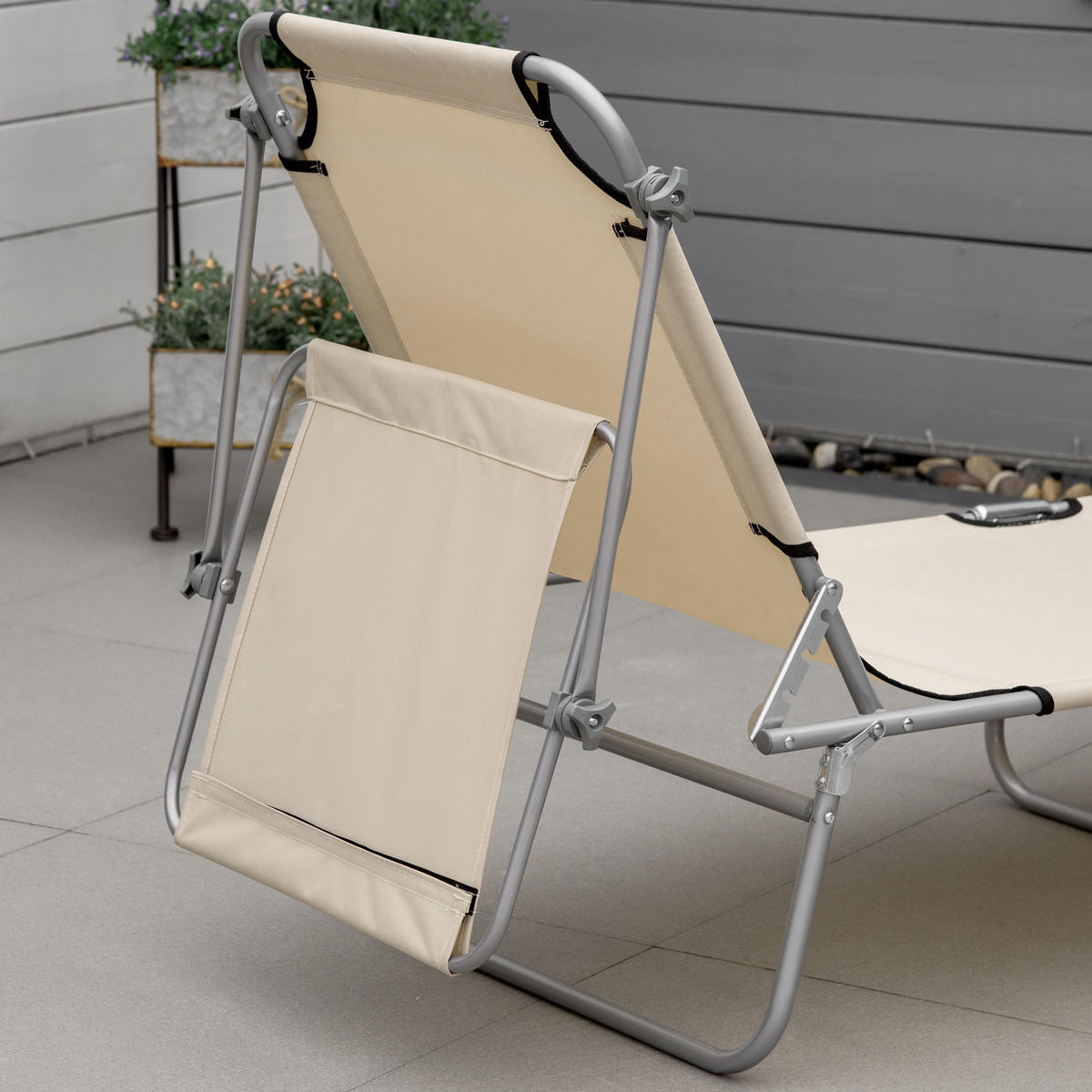 KLAPPBARE Sonnenliege mit Sonnendach und 4-fach verstellbarer Rückenlehne, wetterfeste Campingliege bis 120 kg, Beige - Beige, Metall (187/36/58cm)